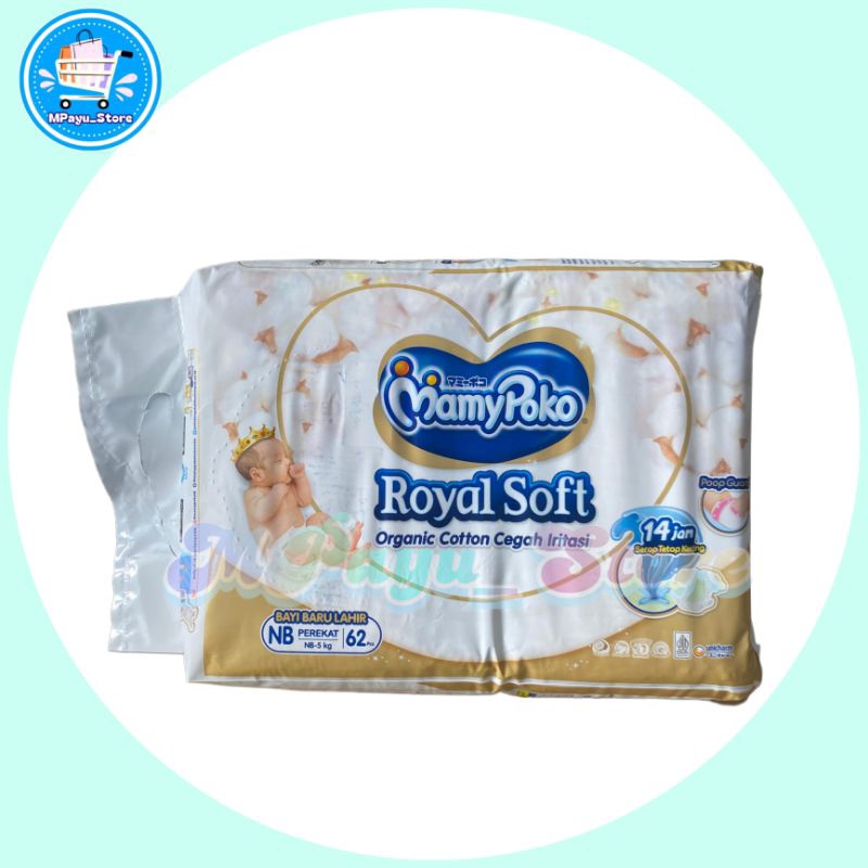 (1 Pack NB62/S60) -MamyPoko Royal Soft Organic Cotton NB62 S60 Popok Perekat Popok Bayi Baru Lahir
