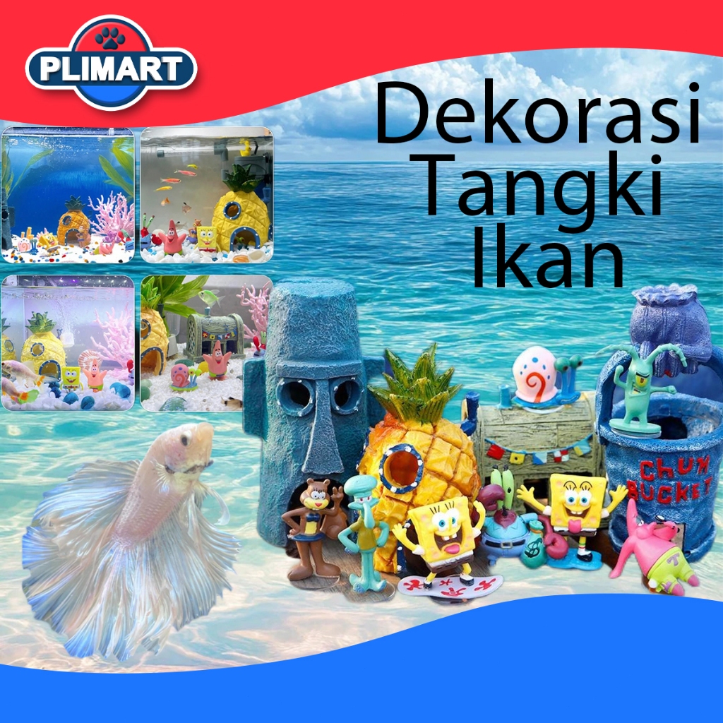Dekorasi tangki ikanHiasan aquarium sbt paket aquarium spongebob 40cm / aquarium melengkung / aquasc