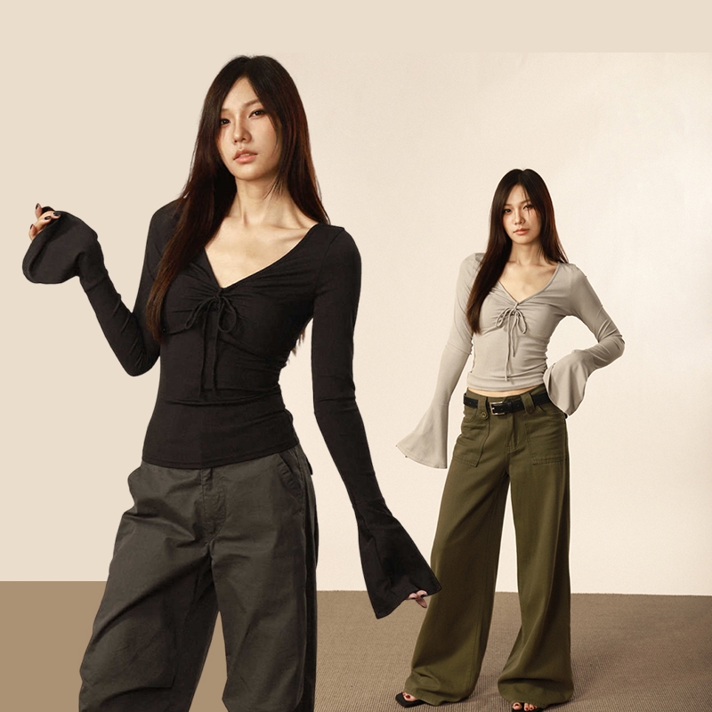 Gaya Korea, Retro, Leher V, Desain tali pengikat, Lengan terompet, Kemeja bawahan, Lengan panjang mu