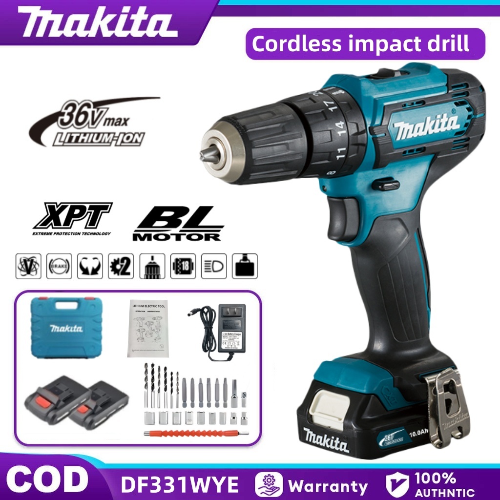 【100% Jepang Asli】 Makita DF331WYE 36V Cordless Impact Bor 2-lithium Baterai baterai bor bor pengemb