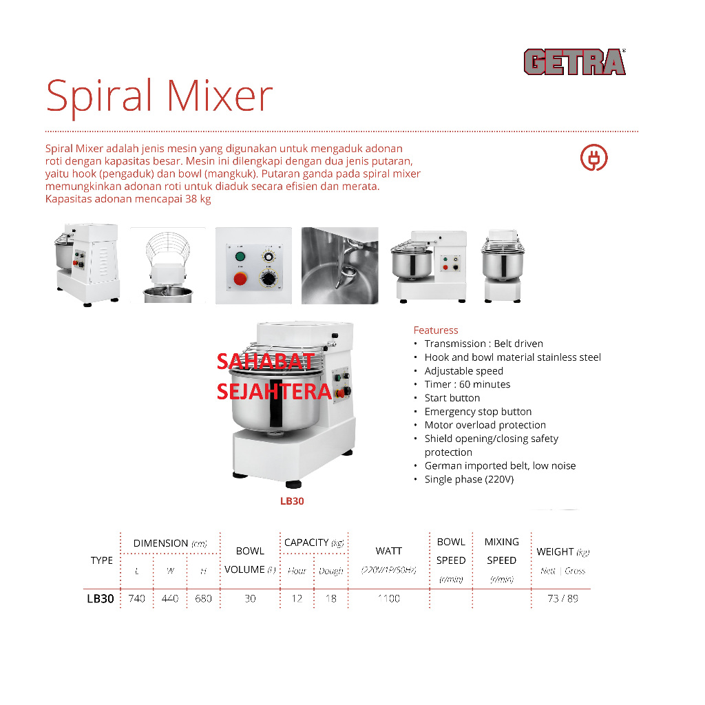 GETRA Spiral Mixer Roti Adonan Tepung LB30 | Mesin Pengaduk Adonan Kental Heavy Duty
