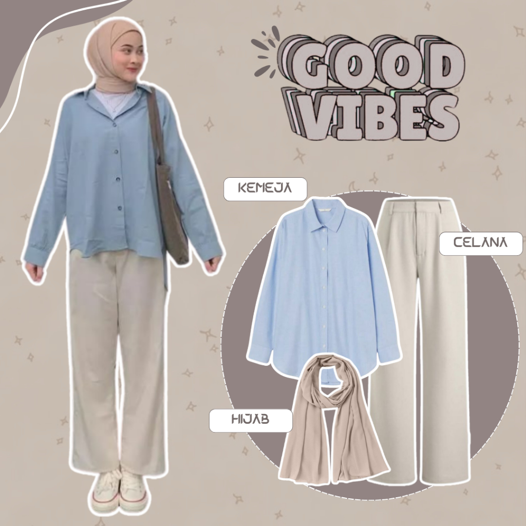 Outfit cewek satu set|Korean Style|outfit kampus (Kemeja wanita, Celana Kulot, Pashmina ceruty) -LU1
