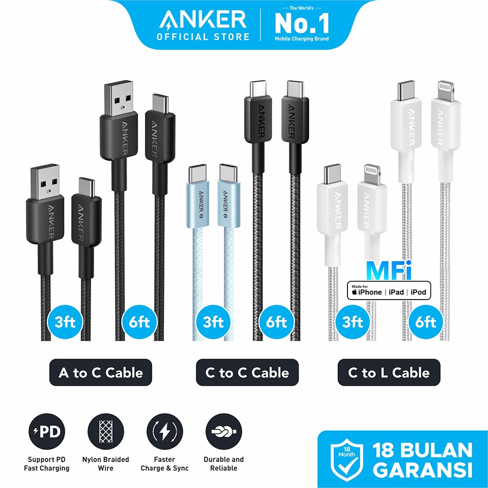 Anker Kabel Data MFi iPhone X 11 12 13 14 15 16 PD USB A Type C to C and Lightning Fast Charging 15W