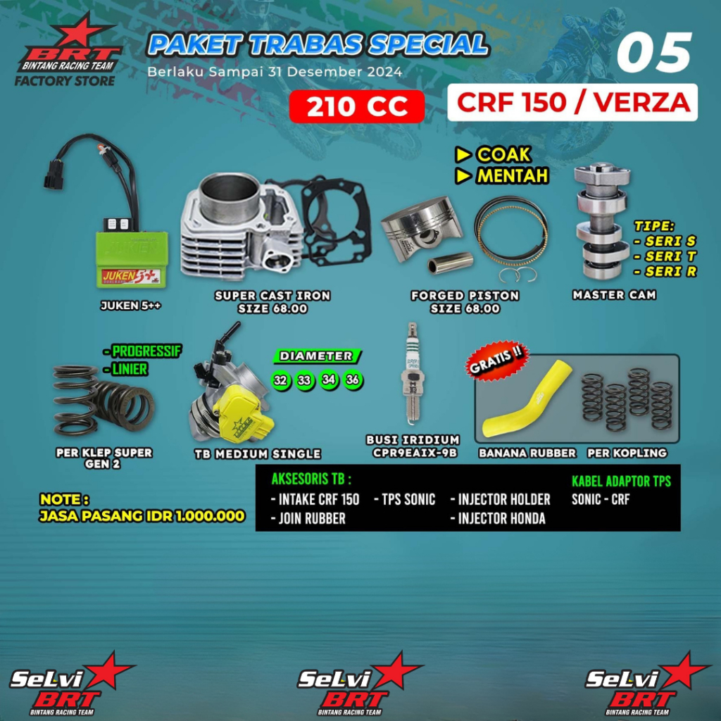 PAKET TRABAS BRT BLOK CAST IRON SET PISTON 68.00 MM ECU JUKEN 5++ MASTER CAM NOKEN AS BUSI IRIDIUM T