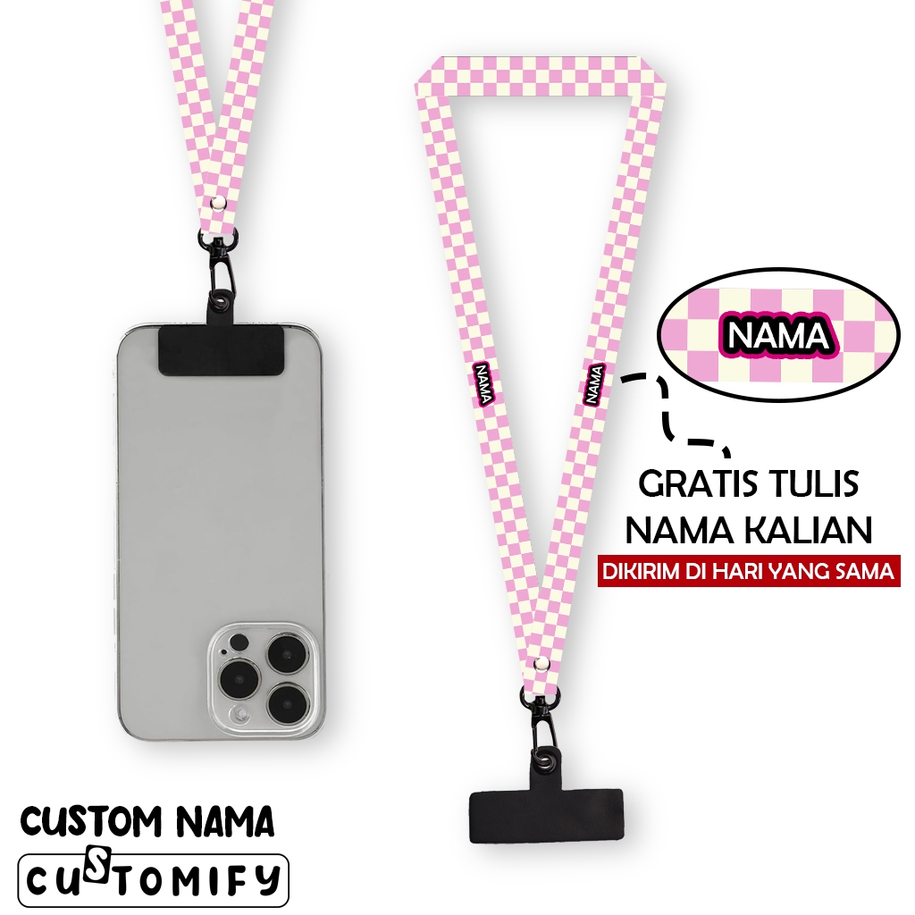 Customify - Lanyard Custom Nama Tali Gantungan Handphone Free Clip Hp + 3 karet 1,5 cm - Design 62