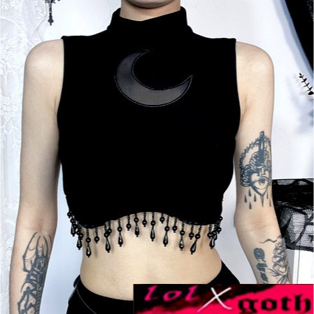 Tanktop Halter Gothic Motif Bulan Manik Cosplay Punk Grunge Gothic