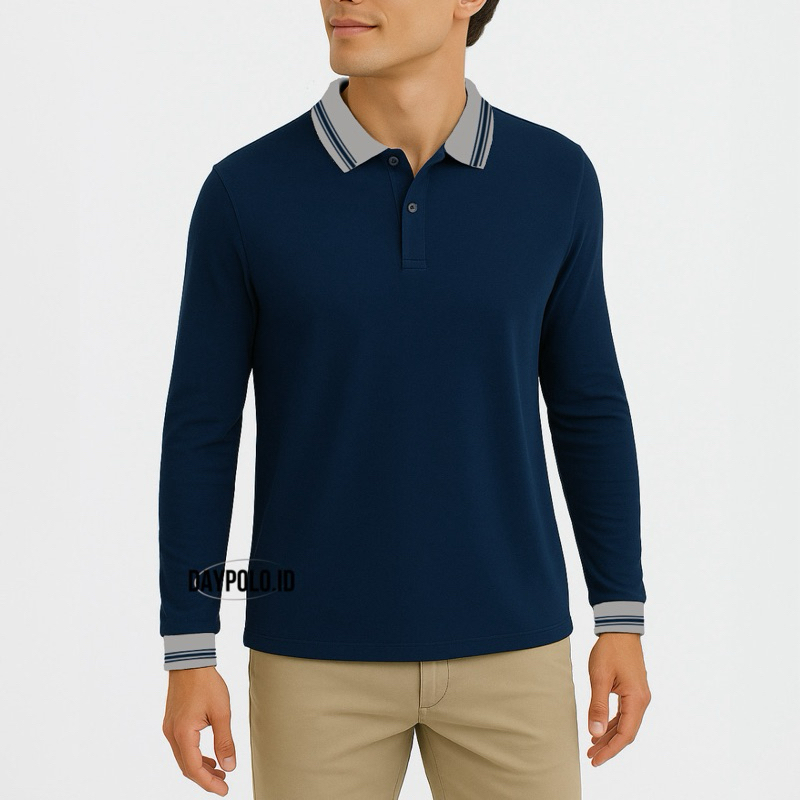 Kaos Polo Pria Lengan Panjang Kerah Abu Baju Kerah Cowok Basic Lengan Panjang Polo Shirt Baju Formal
