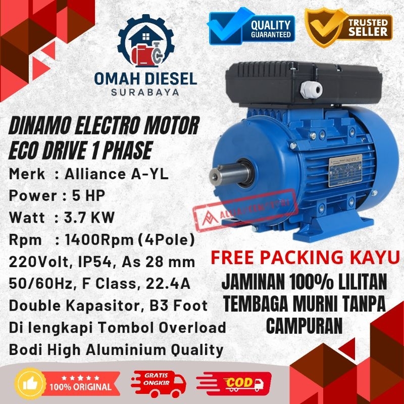 Alliance Dinamo 1 Phase 5 HP 3.7 KW 1400Rpm 100% FULL LILITAN TEMBAGA -- Electro Motor AYL Double Ca