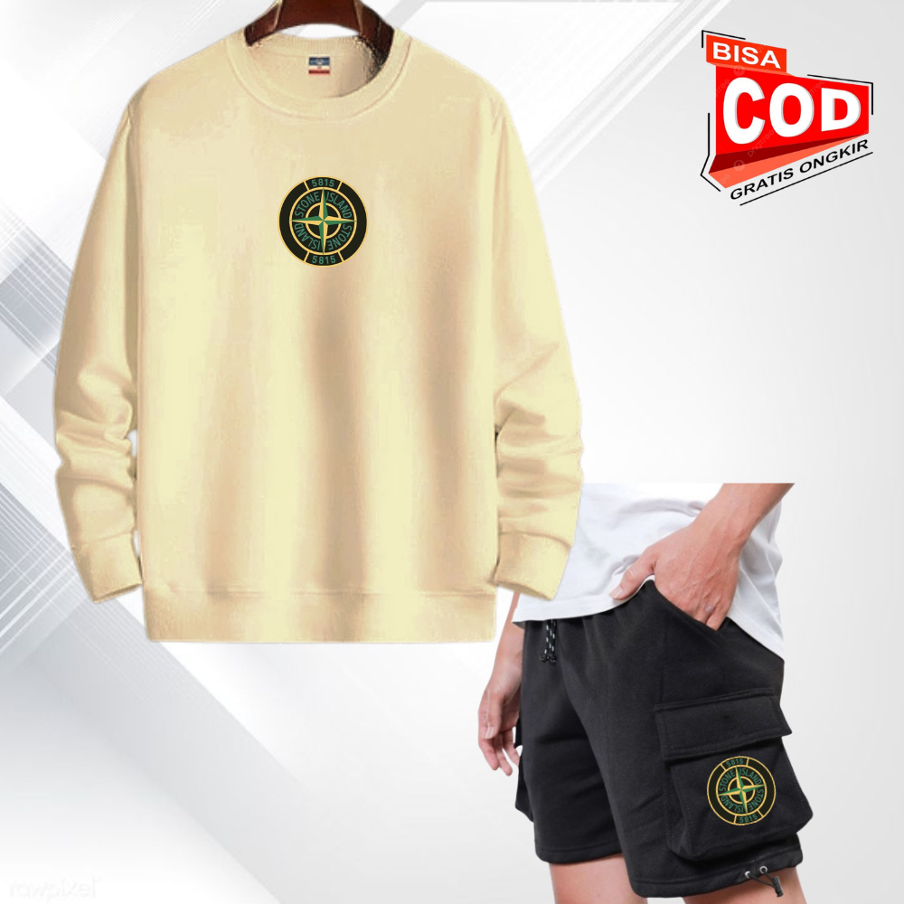 Oneset Crewneck Switer & Celana Pendek Pria Wanita Distro Stelan Sweater Celana Cargo Bahan Flece St