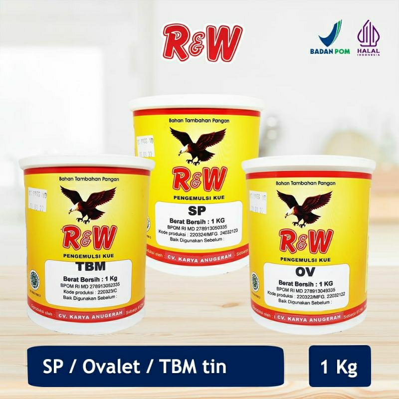 

Emulsifier SP Ovalet TBM Pengemulsi Pelembut Pengembang Kue Roti Rajawali R&W RW 1 Kg Tin