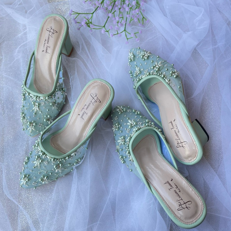 Woojin | heels pesta wanita sepatu payet  wedding shoes sepatu kondangan kain tile akar  transparan 