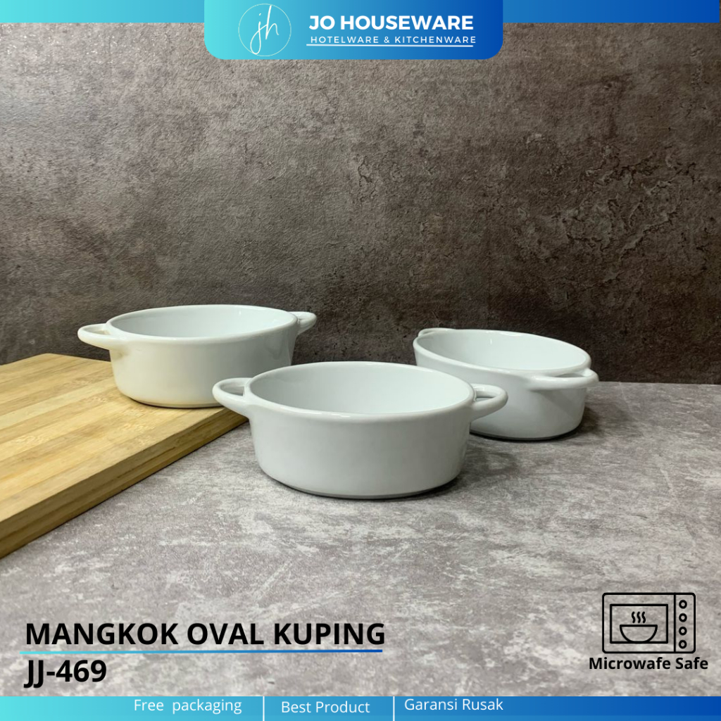 Mangkok Oval Kuping Keramik Premium ukuran 14x12cm putih polos / mangkok hotelware serbaguna JJ469
