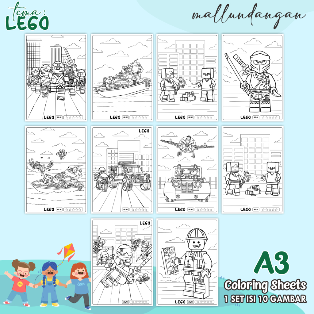 

LEMBARAN MEWARNAI ANAK A3 - TEMA LEGO - PAPER COLORING SHEETS FOR KIDS