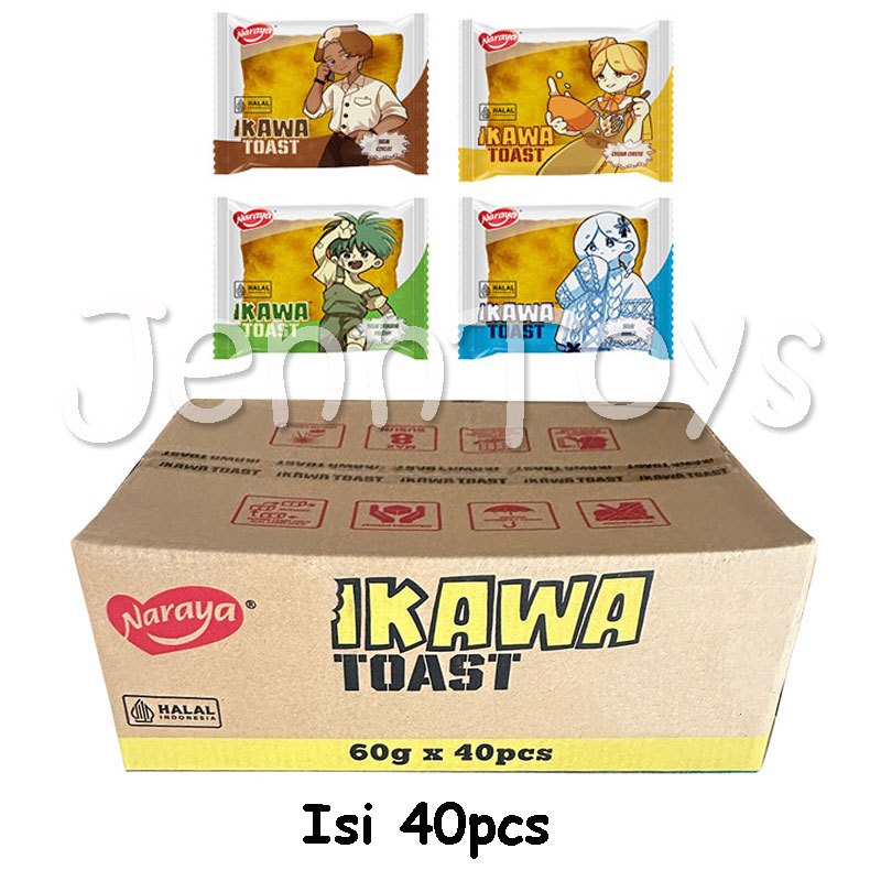 

JennToys - [1 KARTON] Naraya Ikawa Toast 60gr Roti Panggang Isi Cream Cheese Selai Cokelat Selai Vanila Selai Srikaya Pandan