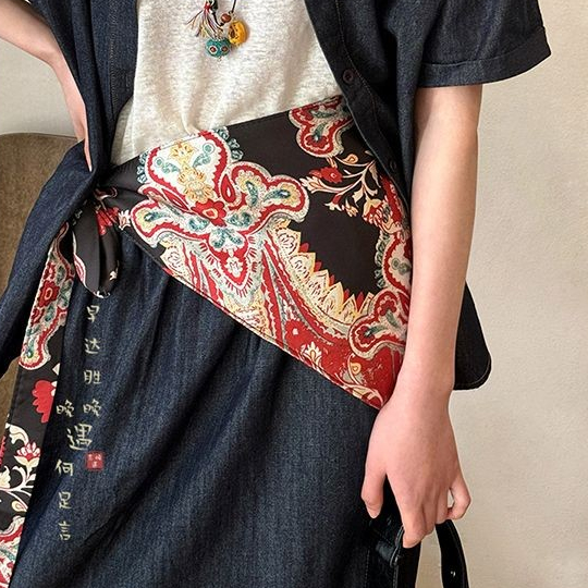 Women's Vintage Printed Bandage Dress Lace-up Triangular Binder Belt Fart Curtain Waist Seal