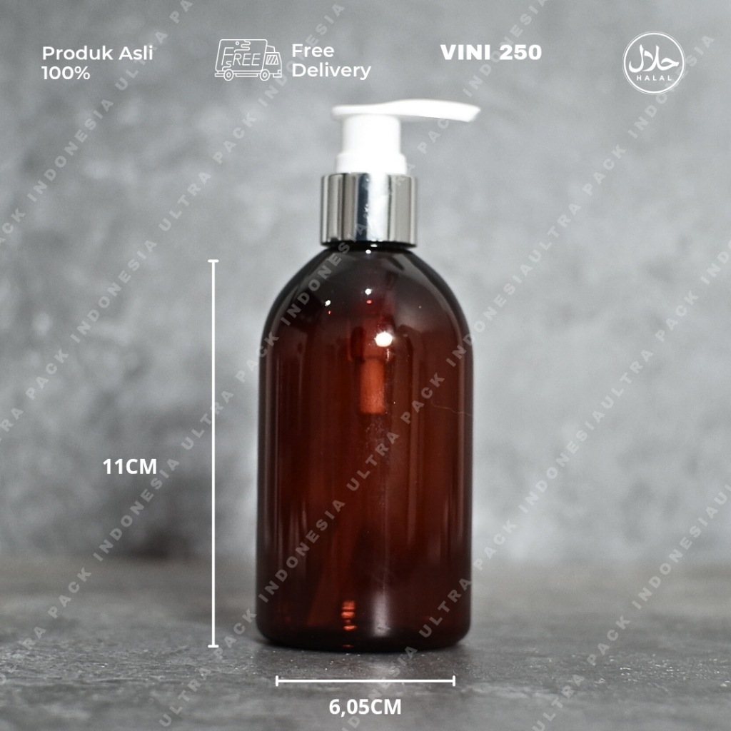Kemasan Botol Pompa Sabun Shampoo Lotion Isi Ulang -BOTOL PET VINI 250ML AMBER + LOTION PUMP ALUMINI
