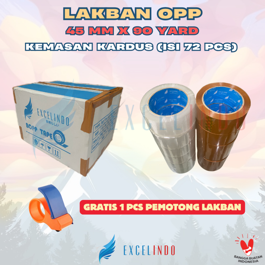 

(1 DUS/ 72 BIJI) GROSIR Lakban Bening/Coklat 45mmx90 YARD + FREE 1 PCS PEMOTONG LAKBAN merk Excelindo PREMIUM QUALITY