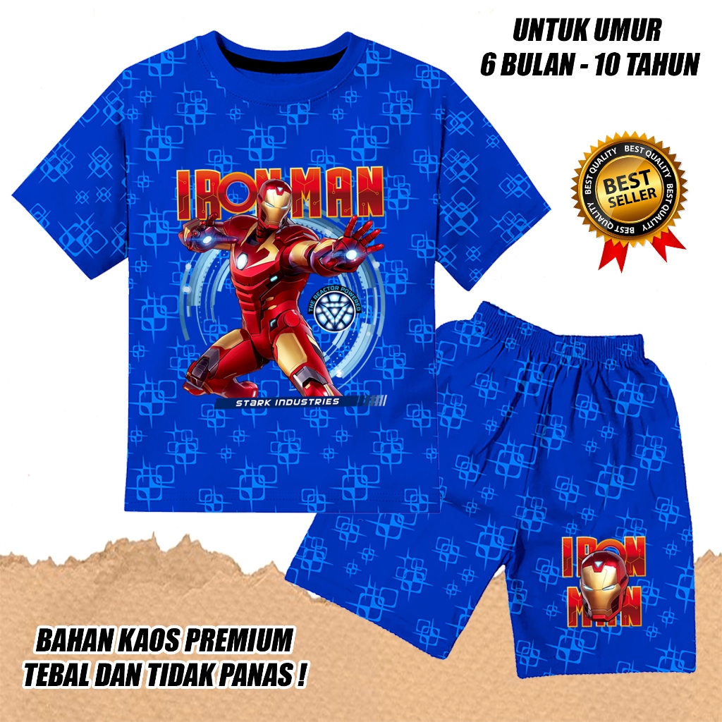 Setelan motif bintang lengan pendek anak laki laki perempuan set kaos anak katun iron man 1