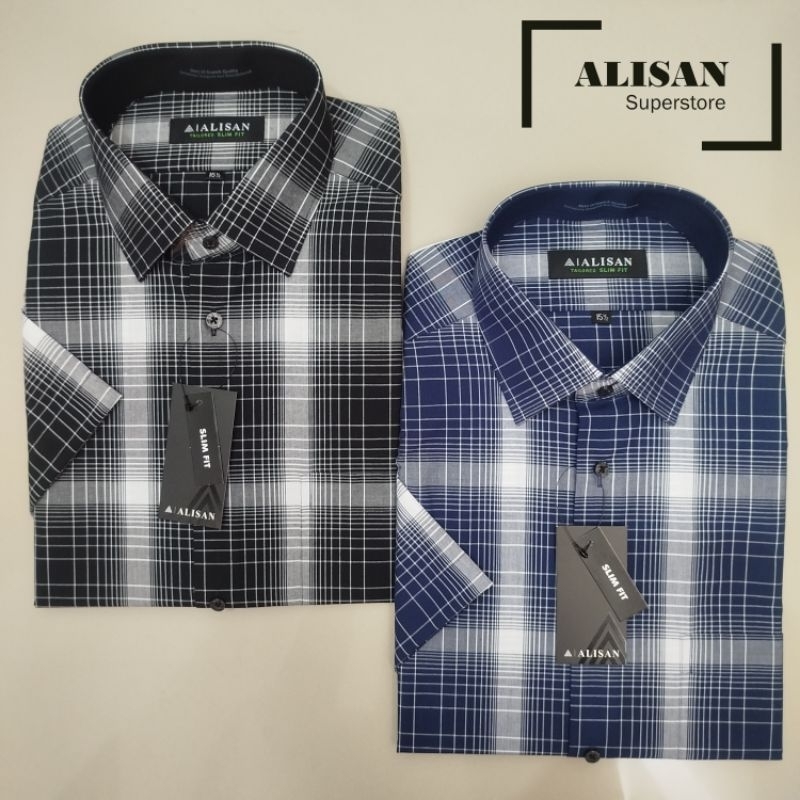 Alisan Kemeja Pria Motif Kotak Hitam/Biru Garis Putih Lengan Pendek Slimfit