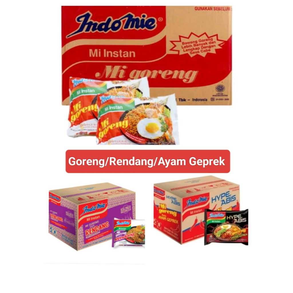 

INDOMIE GORENG Spesial ,Rendang, Geprek, Mie Goreng Instan 1karton isi 40 pcs Murah