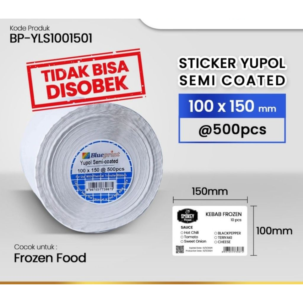

100x150 isi 500 BP Label Stiker Yupol 100 x 150 Semi Coated BLUEPRINT Label Yupo 100x150 @500 - 1 Roll TAHAN AIR WAJIB PAKAI