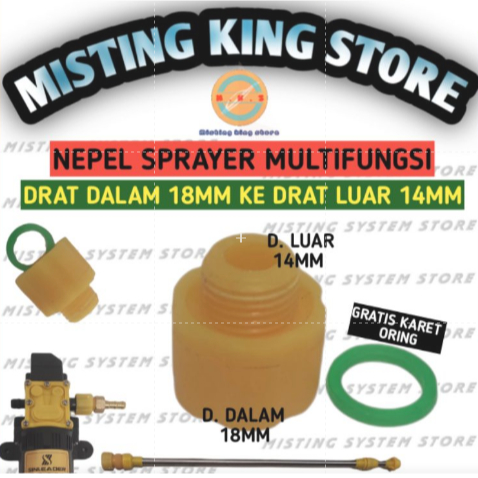 NEPEL SOCKET DRAT DALAM 18MM KE 14MM DRAT LUAR + KARET ORING RUBBER KONEKTOR NIPPLE SPRAYERM14