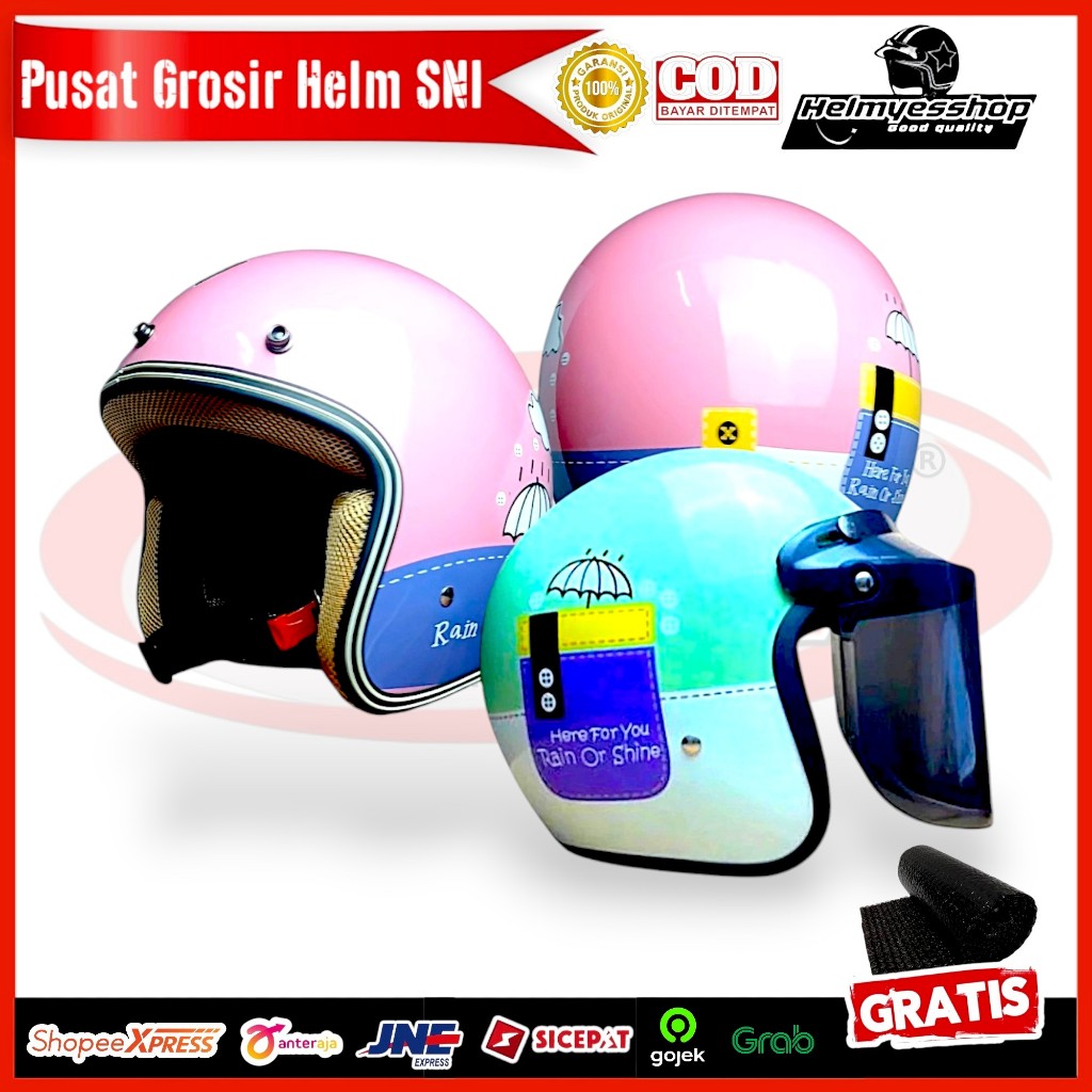 Helm Bogo Motif Payung Estetik Lucu SNI Retro Half Face Kaca Wanita Hijab