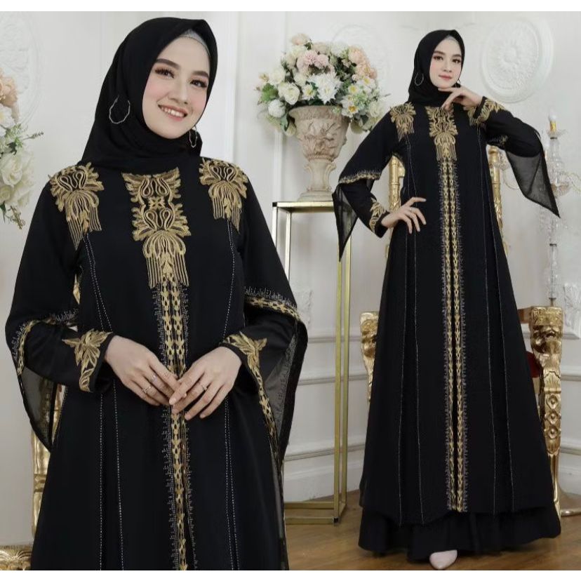 Gamis Abaya Turkey/ Abaya Jambul Arab Hitam Jersey Mix Ceruti Bordir