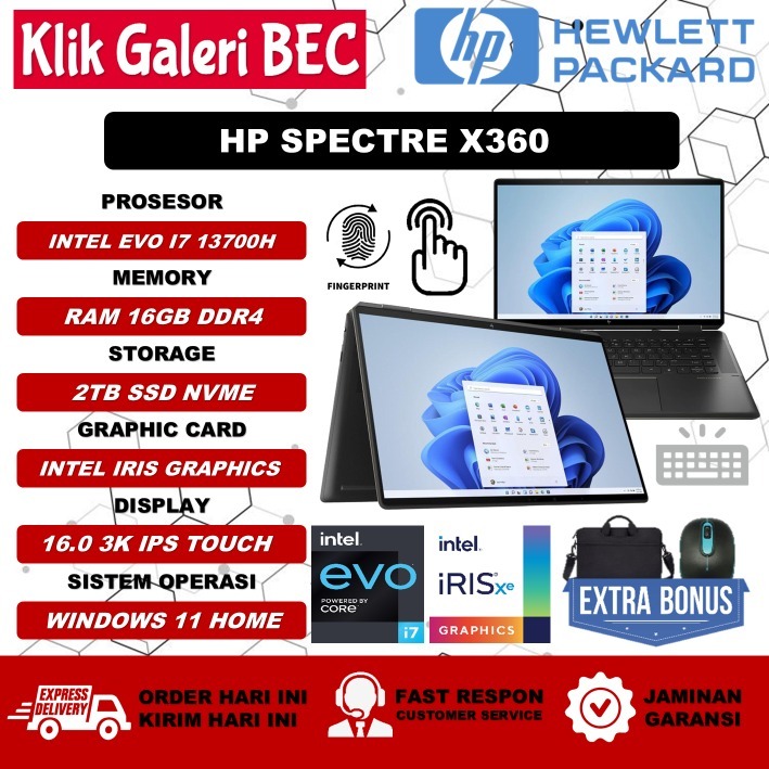 Laptop Fleksibel HP Spectre X360 16 Intel Evo I7 13700H 16GB 2TB 16.0 3K IPS Touchscreen Backlit Nig
