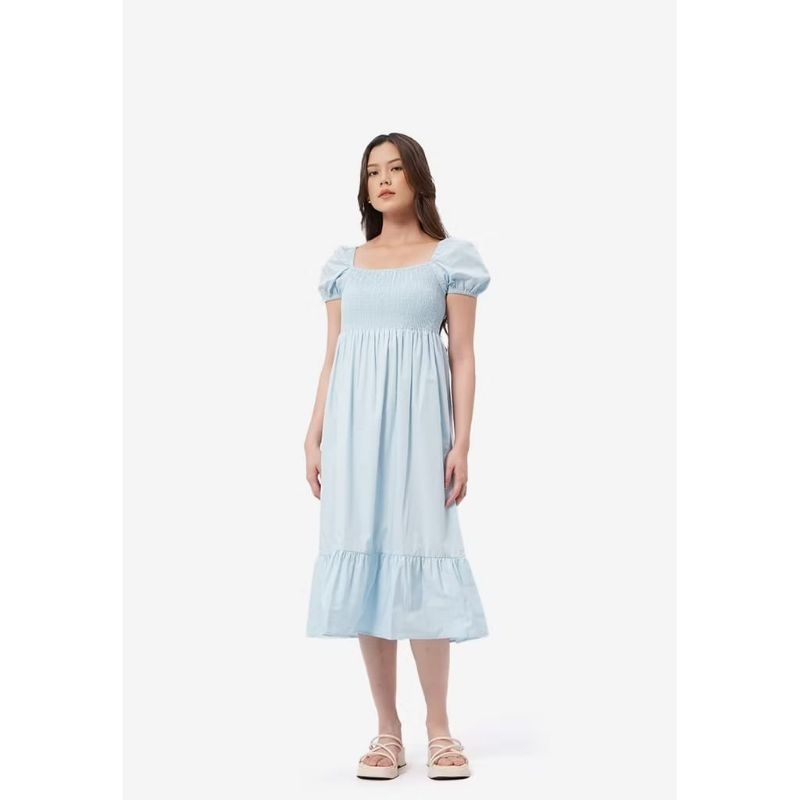 COLORBOX Smocked Detail Puff Sleeves MIDI Dress LT Blue Size M