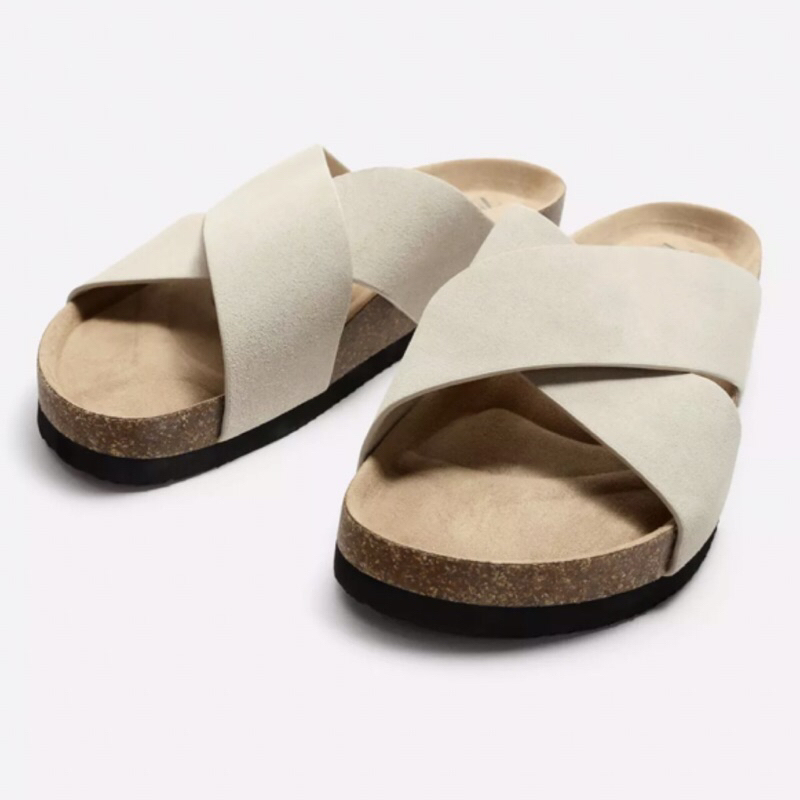 ZARA Men Sandal Cross Strap Leather Sendal Pria Ecru White