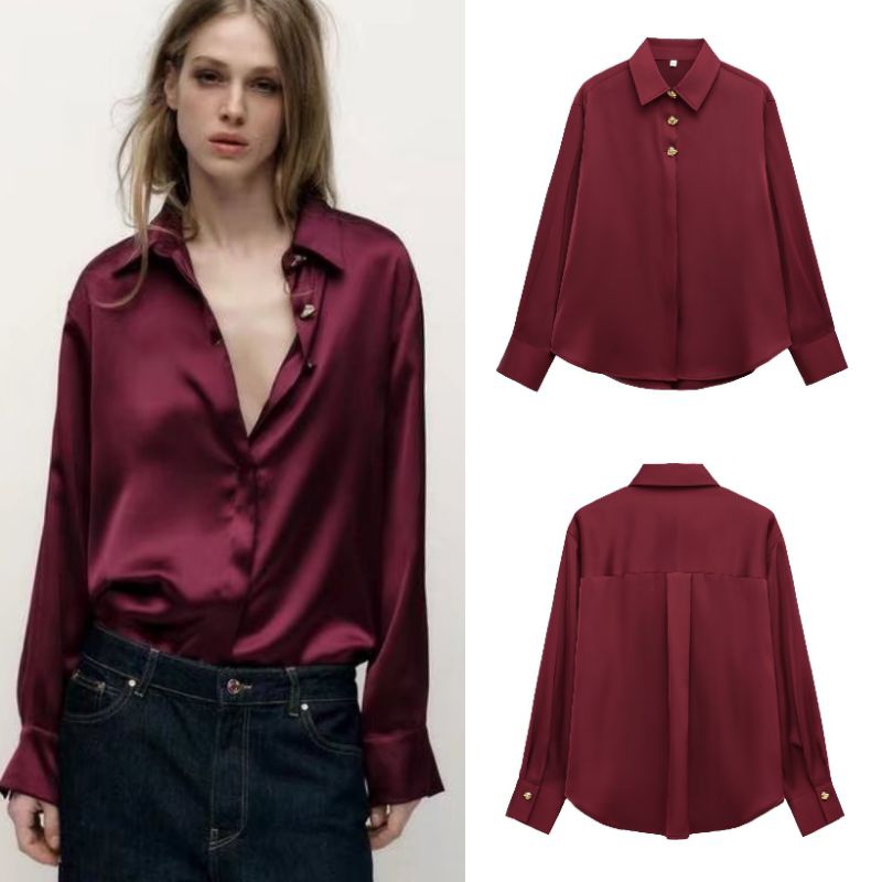Maroon Gold Buttons Satin Blouse  77433 (BA)