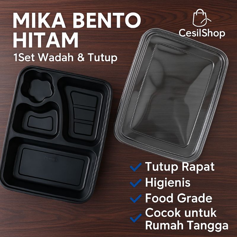 [instan] Mika Bento 4 Sekat / Tray Bento 4 Sekat / Bento Murah / Bento Hitam / Bento Seal Rapat