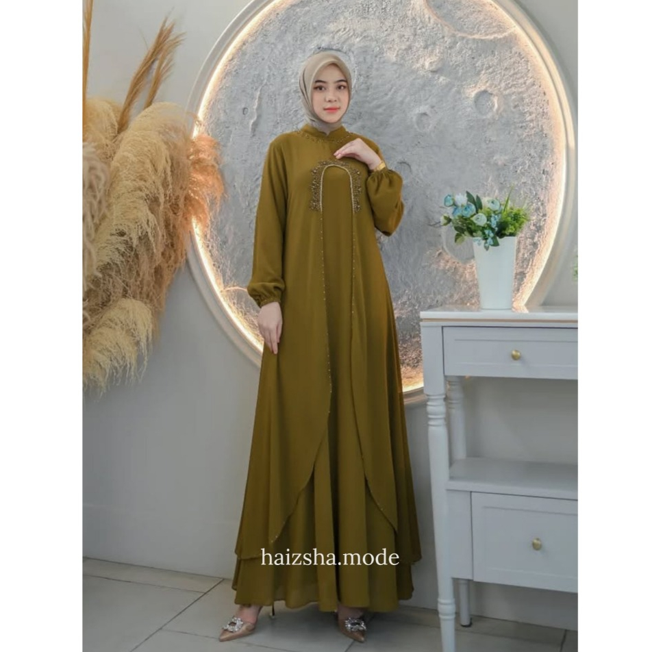 Haizsha Dress Wanita Model Liora Dress Gamis Bahan Ceruty Baby Oil Aplikasi Mutiara Payet Swarovski