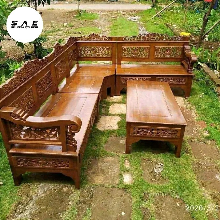 set kursi sofa leter L sudut siku pojok ruang tamu kayu jati ukiran bagong sederhana vintage minimal