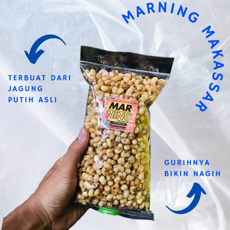 

Marning makassar 250gram terbuat dari jagung putih asli gurih,renyah,empuk,nagih
