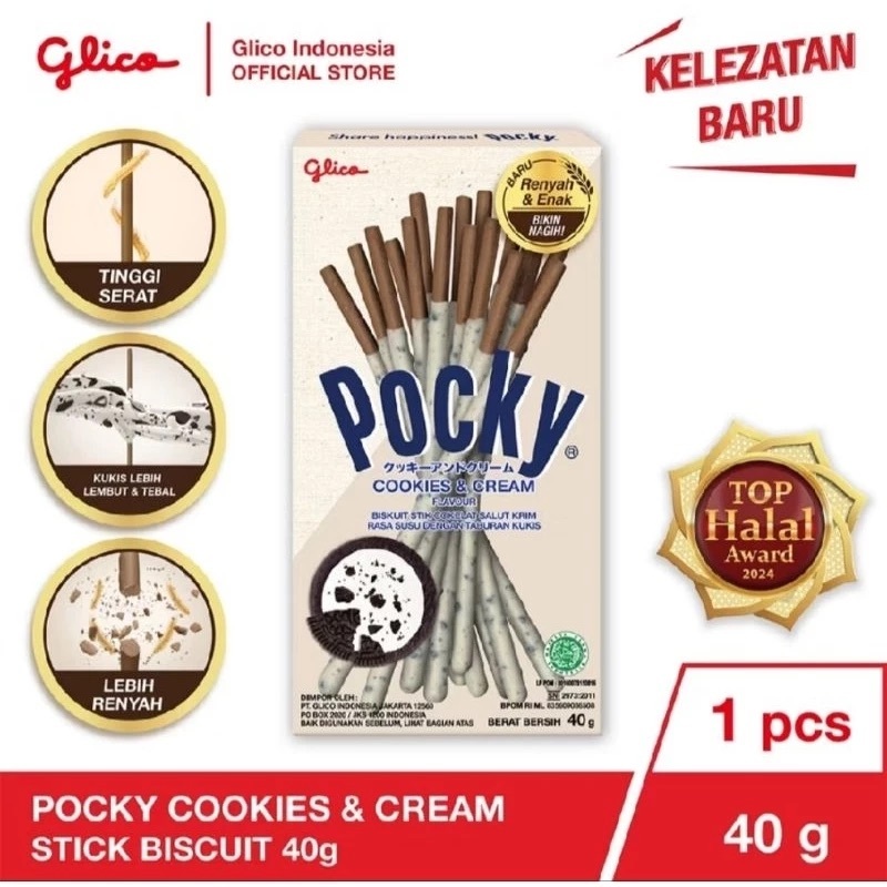 

GLICO POCKY Cookies & Cream 40g Biskuit Stik Cokelat Krim Rasa Vanila Susu dengan Taburan Kukis