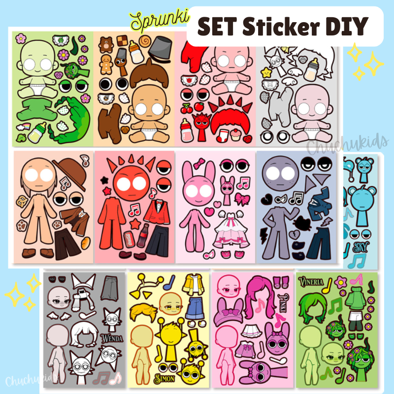 

STIKER SET SPRUNKI 8 Lembar Dandy World Dress Up Sticker Ganti Muka Menyusun Karakter Sprunki DIY
