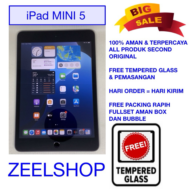 iPad Mini 5 64GB Wifi Only Second Original Gray / Silver Bonus Tempered Glass