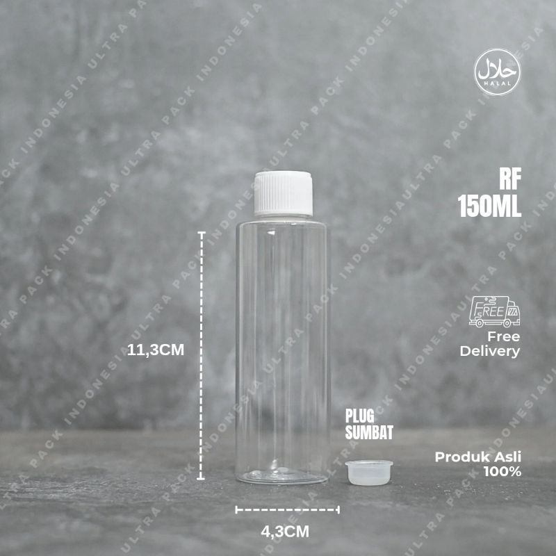 KEMASAN MINUMAN BOTOL FOOD GRADE - BOTOL PET RF 150ML CLEAR + TUTUP ULIR PLASTIK + PLUG SUMBAT [ BOT