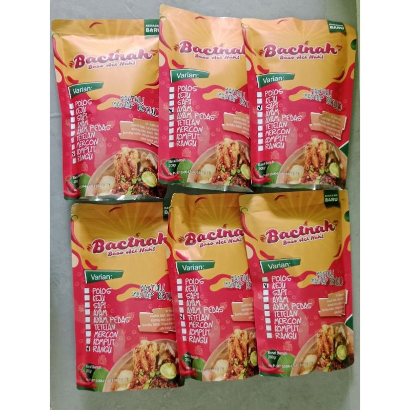 

Bacinah Jumbo Mozarella / Komplit / Ayam / Sapi / Rangu / Tetelan / Keju / Cuanki Nah / Seblak Nah Baso / Komplit