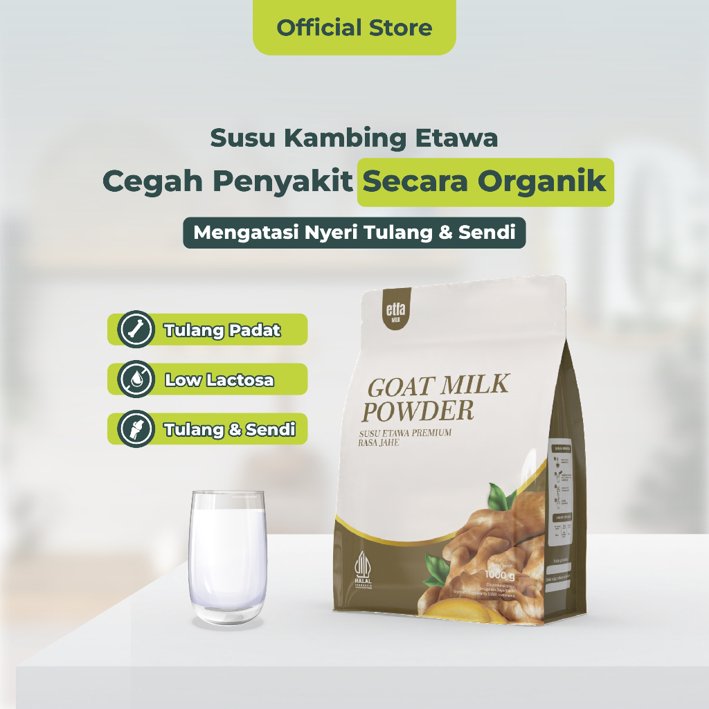 

Susu Kambing Etawa Bubuk Premium Rasa Jahe Bantu Atasi Asam Urat Kebas dan Kesemutan 1000g 500g 250g