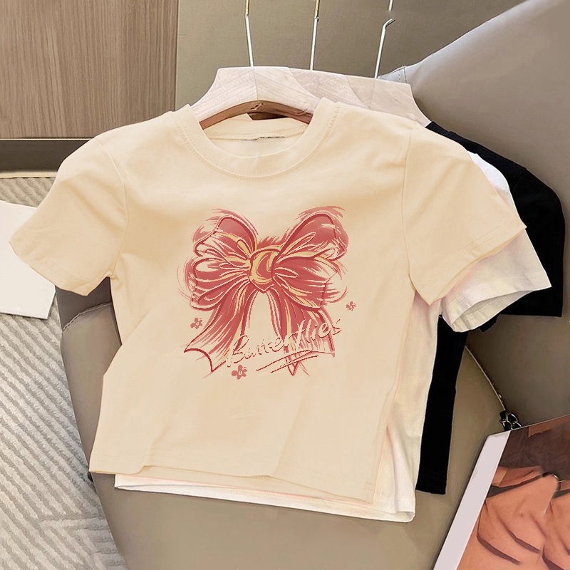 NEW Yesgirl T-shirt Crop Top Lengan Pendek Kaos Wanita Crop Top Korea kupu-kupu Kaos Crop Wanita