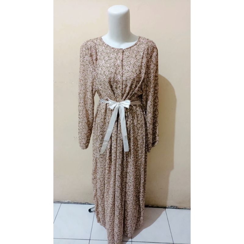 Preloved Pl Long Dress Gamis Maxi Lebaran Hari Raya Idul Fitri Coklat Mocca Bunga-bunga Flower Maroo