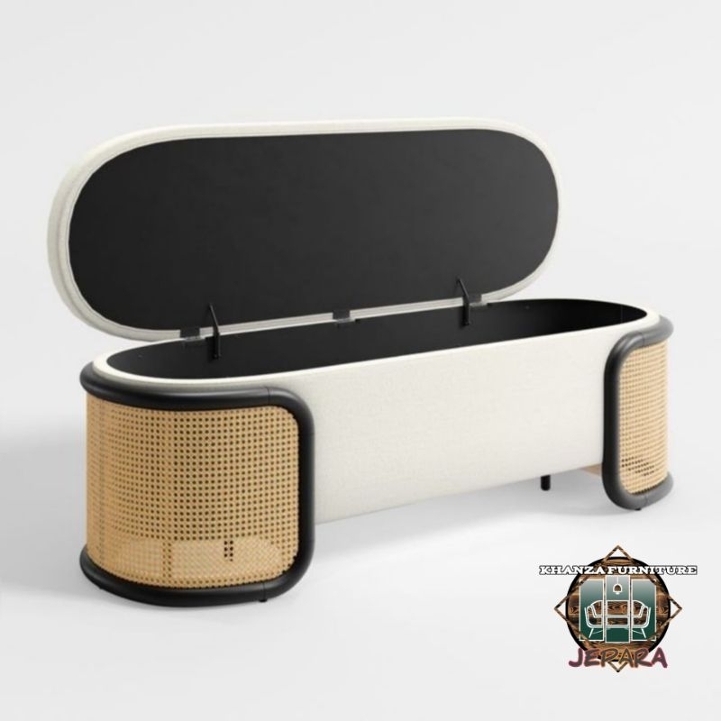 sofa box bench stool storage retro minimalis dengan anyaman rotan