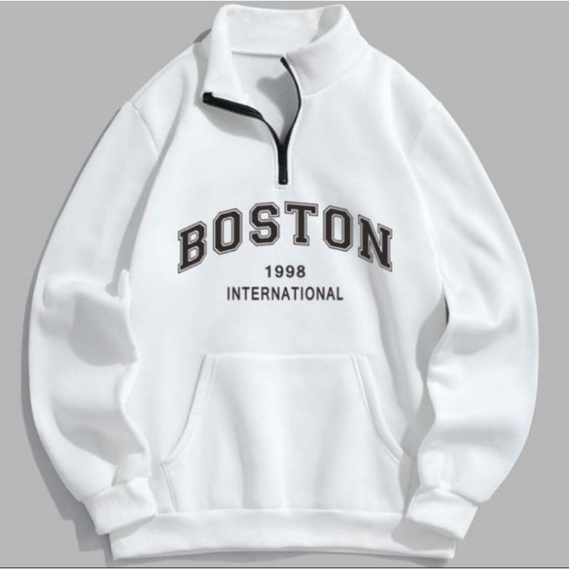 BOSTON SWEATER HALF ZIP SAKU HOODIE KEREN OVERSIZE S-6XL JUMBO BIG SIZE FLEECE PREMIUM