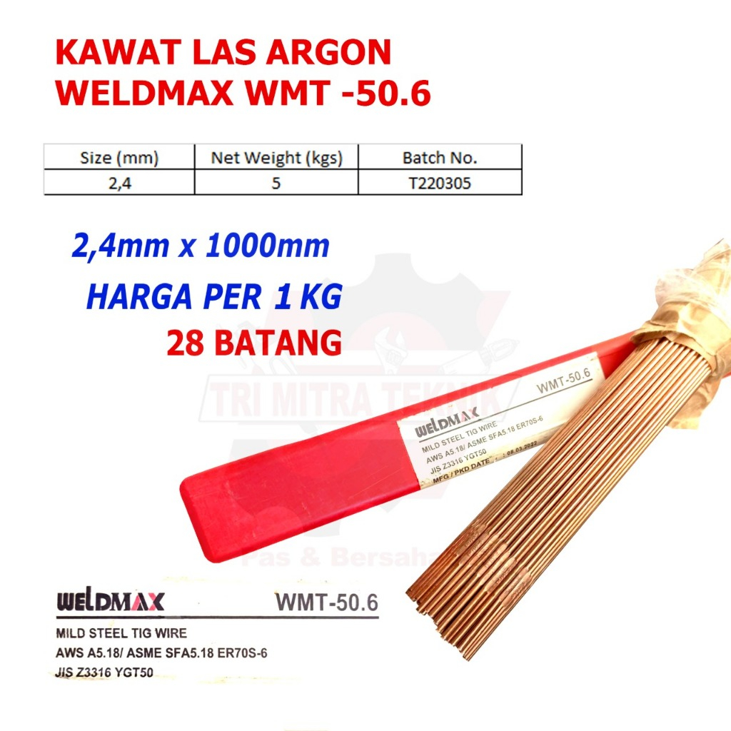 WELDMAX WMT-50.6 KAWAT LAS ARGON TIG BESI MILD STEEL 2.4mm ECER 1KG (28 BATANG) WELDMAX