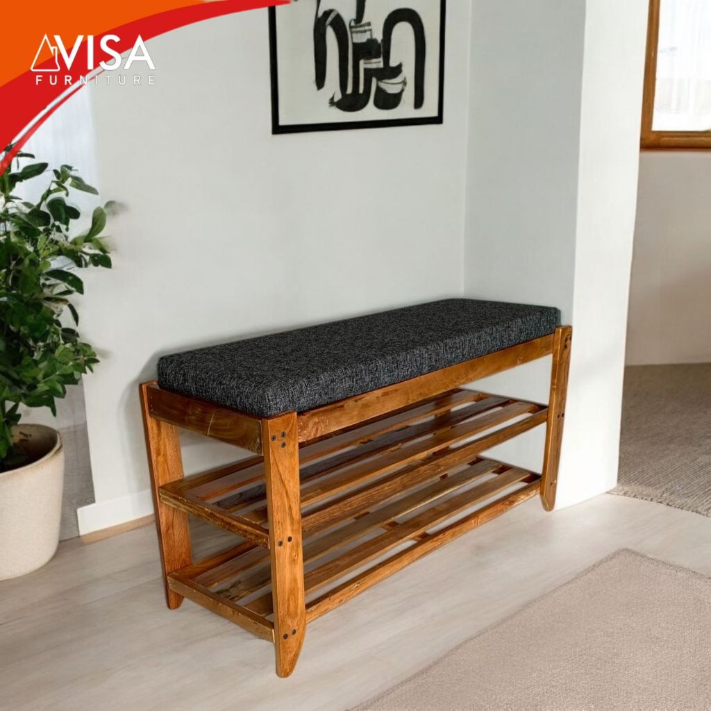 Rak Sepatu Multifungsi Kuat Tempat Duduk Kayu Asli Solid  Penyimpanan