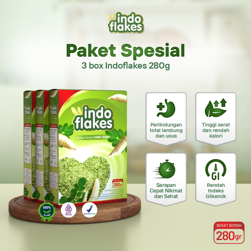 

Indoflakes Sereal Umbi Garut - Sarapan Cepat Sehat Nikmat - Ampuh Mengatasi Asam Lambung 3 Box