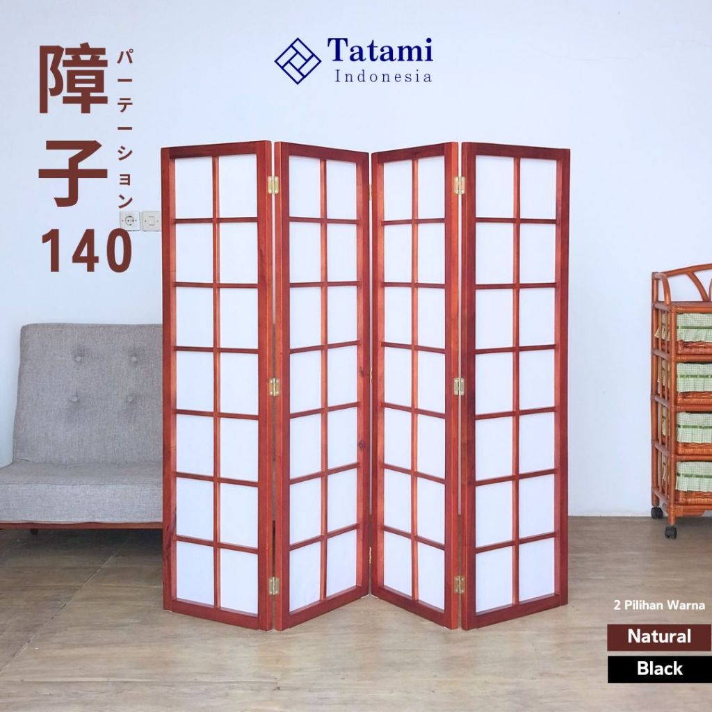 SHOJI 140 - 4 Panel Partisi Sketsel Kayu Furniture Minimalis Pembatas Ruangan Lipat Sekat Jepang Jap